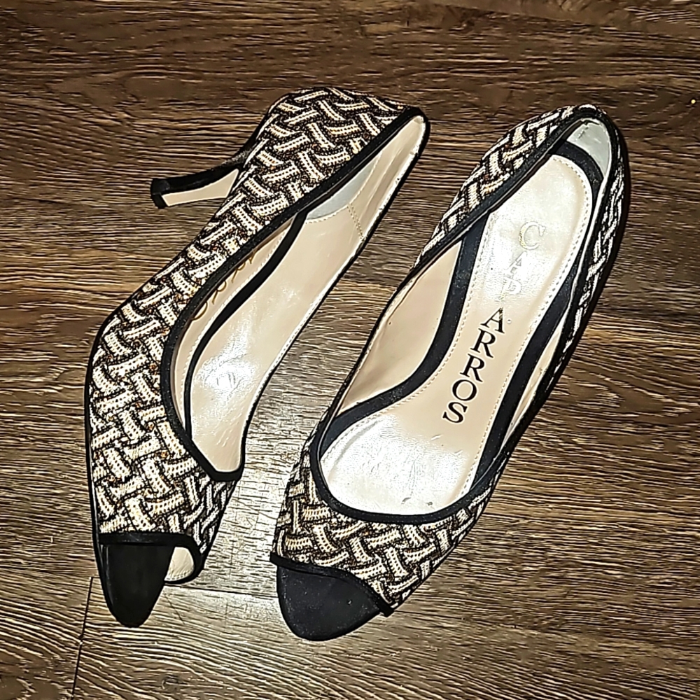 Caparros Black and Tan Woven Peep-Toe Heels